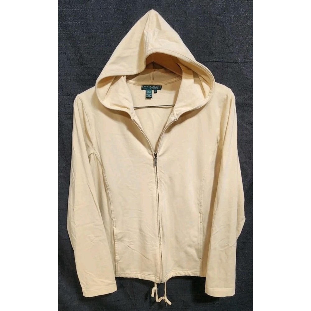 Lauren Active Ralph Lauren Women's Front Zip Hoodie Jacket Beige Waist Tie EUC L